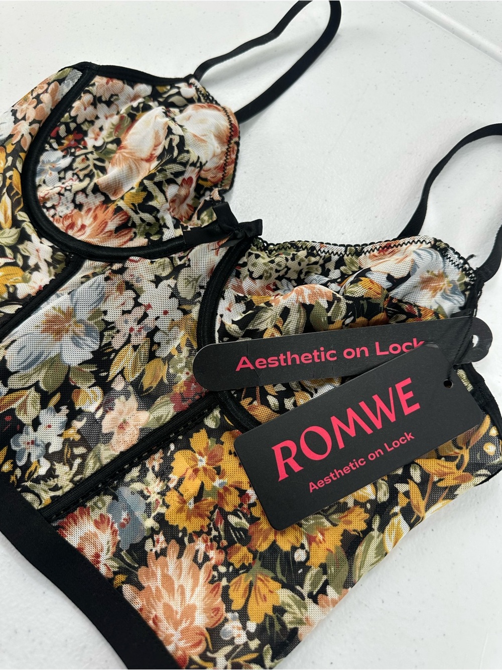 ROMWE Fairycore Floral Mesh Corset Bustier Crop Top Boned Underwire Whimsigoth M - Picture 7 of 9